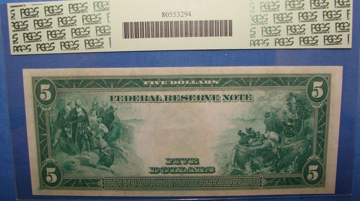1914 $5.00 Federal Reserve Note Chicago Back in Sandwich, MA