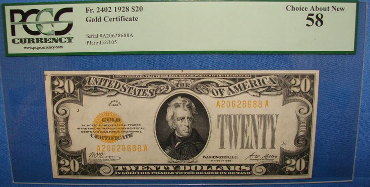 1928 $20.00 Gold Certificate Front In Sandwich, MA